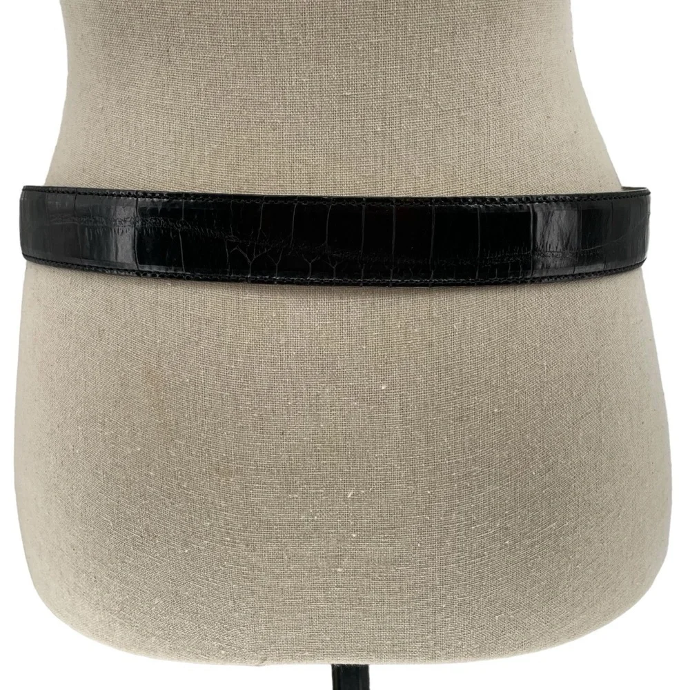 Fossil Black Croco Embossed Cowhide Belt Scrolled Silver Tone Accents/Buckle - L